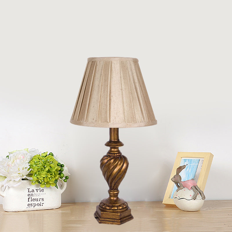 Fabric Pleated Shade Night Lighting Country 1-Head Bedroom Nightstand Light in Beige with Resin Font Base