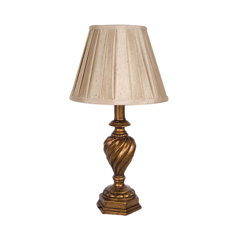 Fabric Pleated Shade Night Lighting Country 1-Head Bedroom Nightstand Light in Beige with Resin Font Base