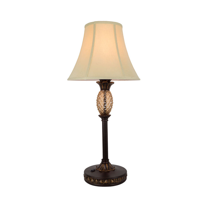 1-Bulb Paneled Bell Night Lamp Traditional Beige Fabric Nightstand Light with Pineapple Deco