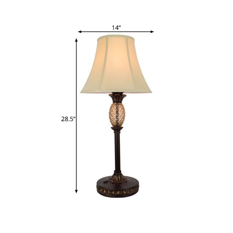 1-Bulb Paneled Bell Night Lamp Traditional Beige Fabric Nightstand Light with Pineapple Deco