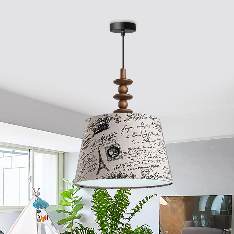 1 Bulb Fabric Suspension Light Countryside Fabric White Conical Script Printing Dining Room Drop Pendant