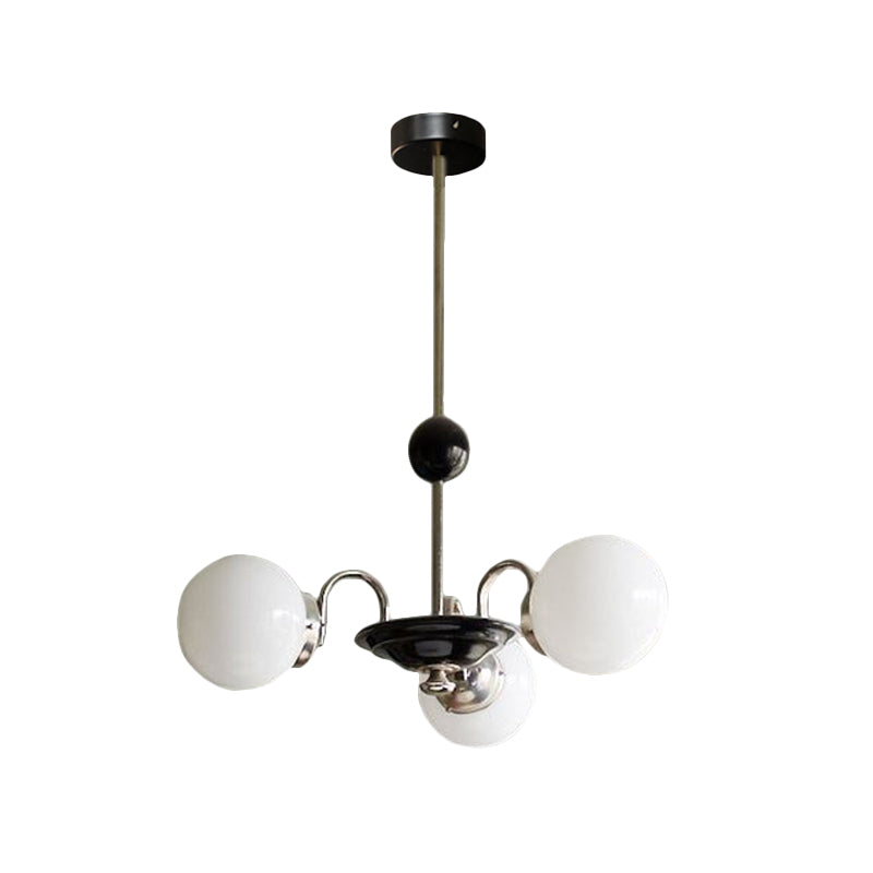 Mid Century 3 Bulbs Chandelier Metal Chrome Saucer Drop Lamp with Globe Opaline Frosted Glass Shade