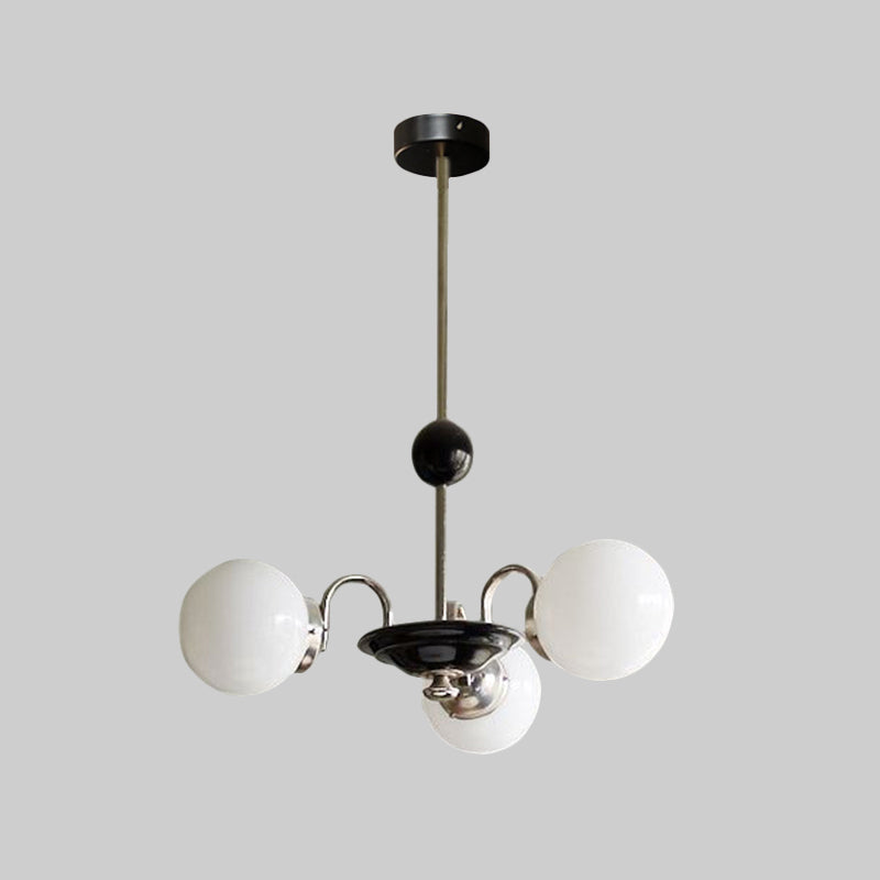 Mid Century 3 Bulbs Chandelier Metal Chrome Saucer Drop Lamp with Globe Opaline Frosted Glass Shade