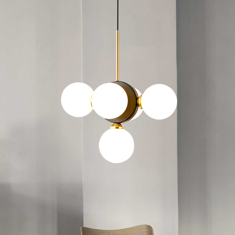 Orbs Restaurant Chandelier Pendant White/Amber Glass 5 Lights Mid Century Ceiling Suspension Lamp with Burst Design