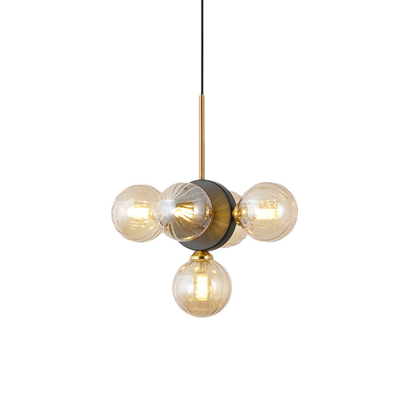 Orbs Restaurant Chandelier Pendant White/Amber Glass 5 Lights Mid Century Ceiling Suspension Lamp with Burst Design