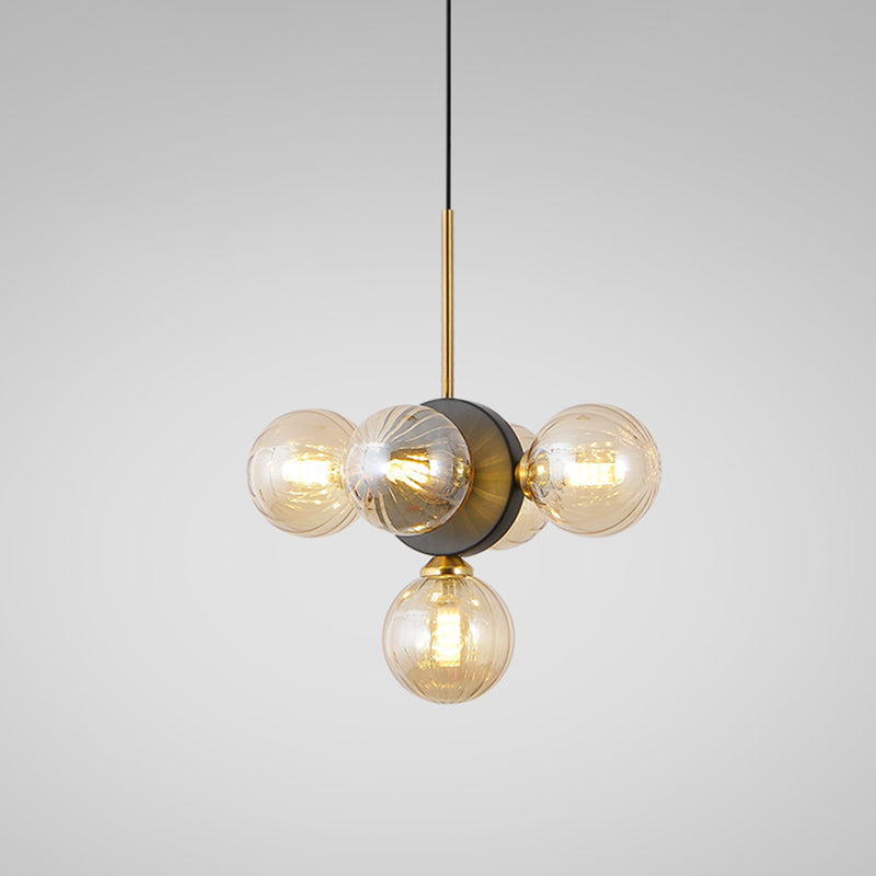 Orbs Restaurant Chandelier Pendant White/Amber Glass 5 Lights Mid Century Ceiling Suspension Lamp with Burst Design