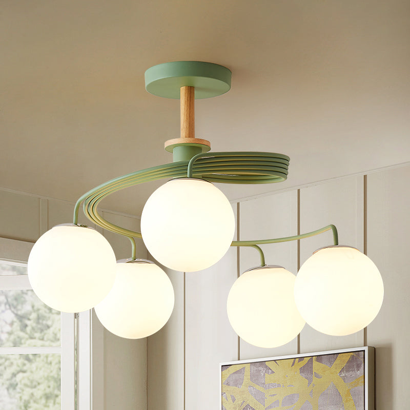 Swirl Flush Chandelier Nordic Iron 5 Bulbs Grey/Green Semi Flush Ceiling Light with Orb Glass Shade and Wood Downrod