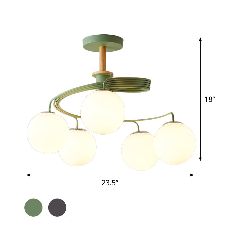 Werveling spoel kroonluchter Noordse ijzer 5 bollen grijs/groen semi spoelplafondlicht met orb -glazen schaduw en houten downrod