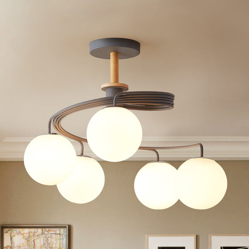 Swirl Flush Chandelier Nordic Iron 5 Bulbs Grey/Verde Semi Flush Affermazione con sfumatura di vetro e legno Downrod