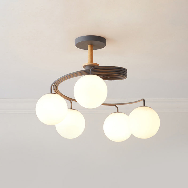 Swirl Flush Chandelier Nordic Iron 5 Bulbs Grey/Verde Semi Flush Affermazione con sfumatura di vetro e legno Downrod