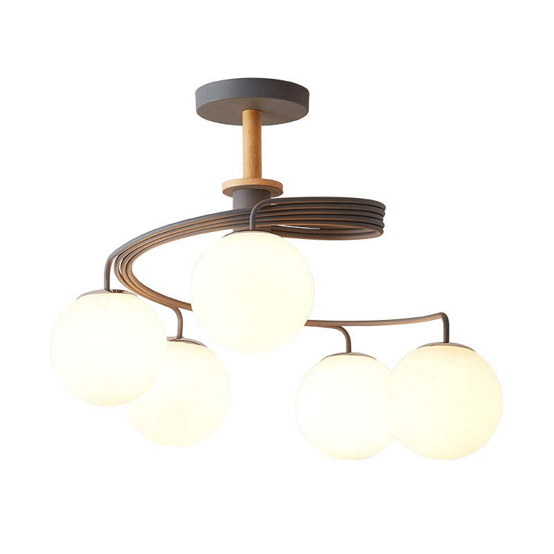 Swirl Flush Chandelier Nordic Iron 5 Bulbs Grey/Green Semi Flush Ceiling Light with Orb Glass Shade and Wood Downrod