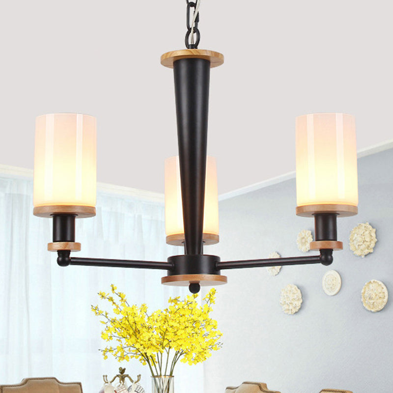 Opal Frosted Glass Column Chandelier Mid-Century 3 Lights Pendant Ceiling Light in Black