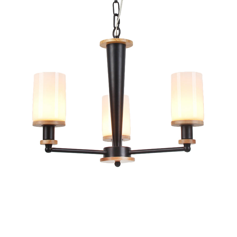 Opal Frosted Glass Column Chandelier Mid-Century 3 Lights Pendant Ceiling Light in Black