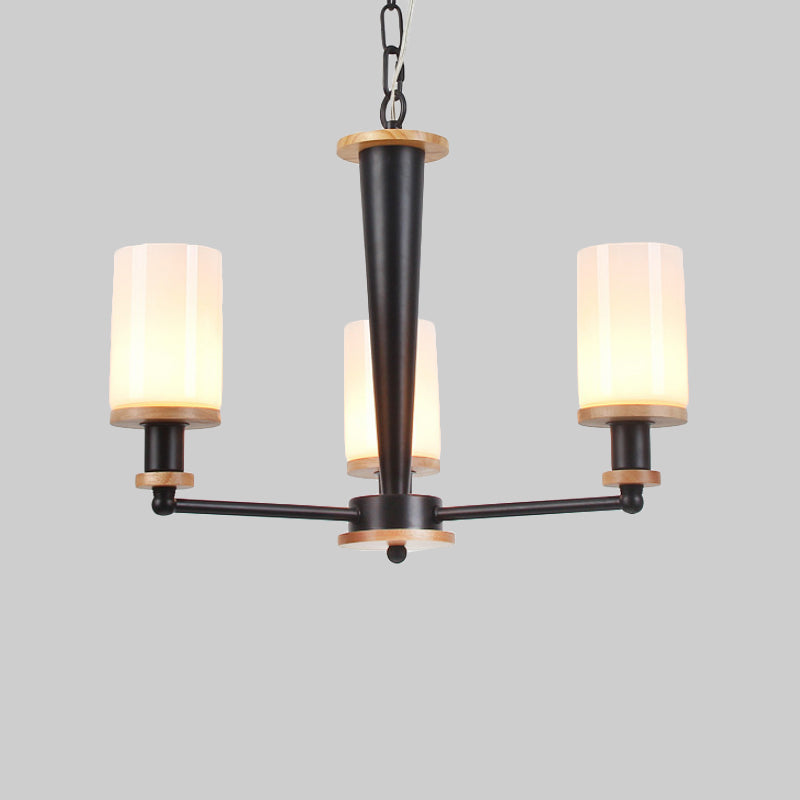 Opal Frosted Glass Column Chandelier Mid-Century 3 Lights Pendant Ceiling Light in Black