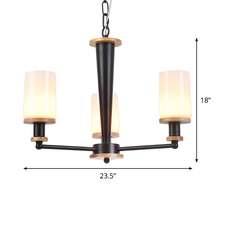 Opal Frosted Glass Column Chandelier Mid-Century 3 Lights Pendant Ceiling Light in Black