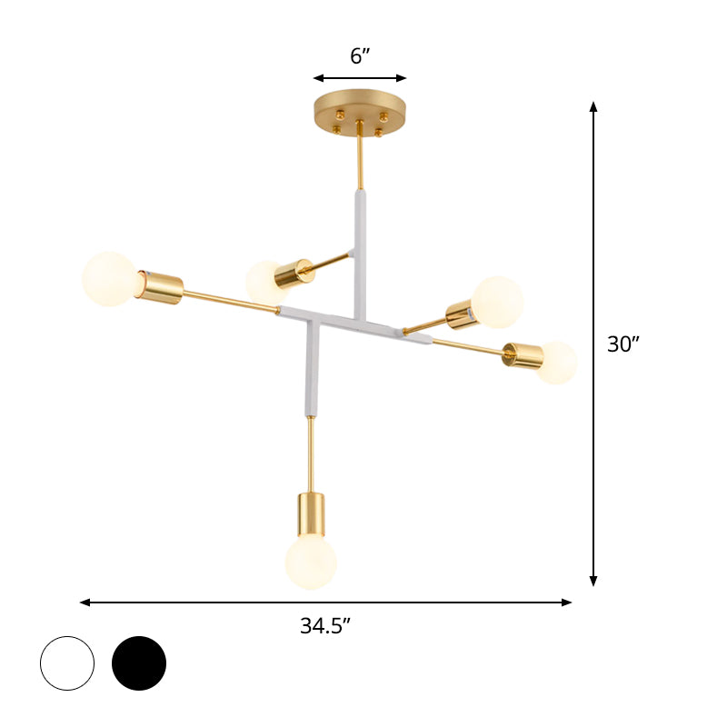 Poste de plafond en métal exposé vertical Postmoderne 5 têtes Black / White et Gold Semi Flush Mount Chandelier