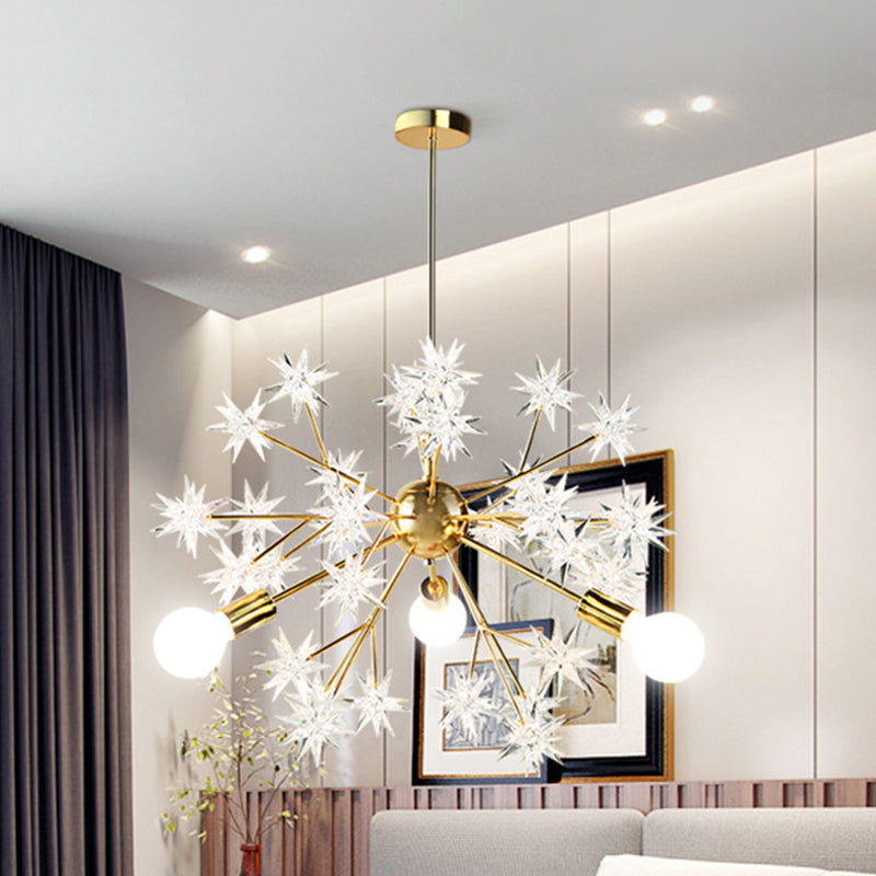 Exposed Bulb Bedroom Semi Flush Light Acrylic 3 Heads Modernism Ceiling Mount Chandelier in Gold with Star Decor