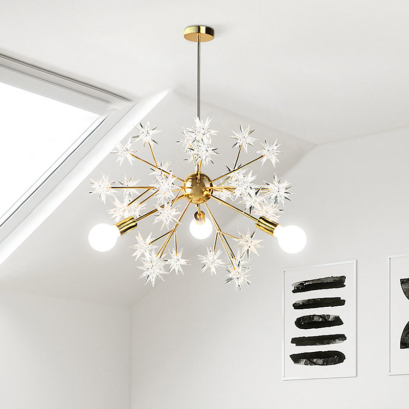 Exposed Bulb Bedroom Semi Flush Light Acrylic 3 Heads Modernism Ceiling Mount Chandelier in Gold with Star Decor