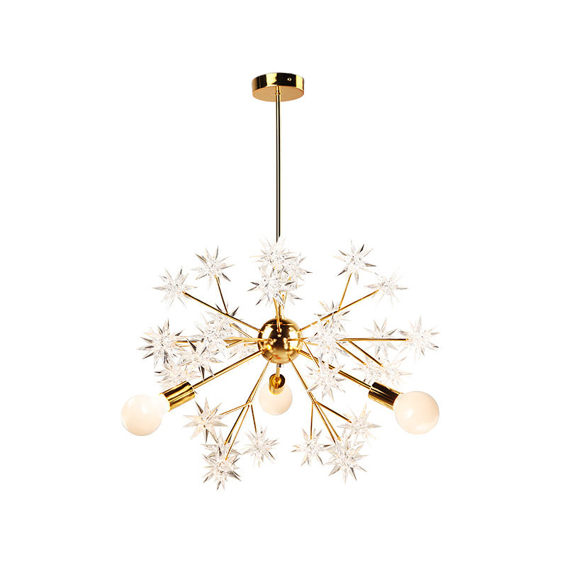 Exposed Bulb Bedroom Semi Flush Light Acrylic 3 Heads Modernism Ceiling Mount Chandelier in Gold with Star Decor