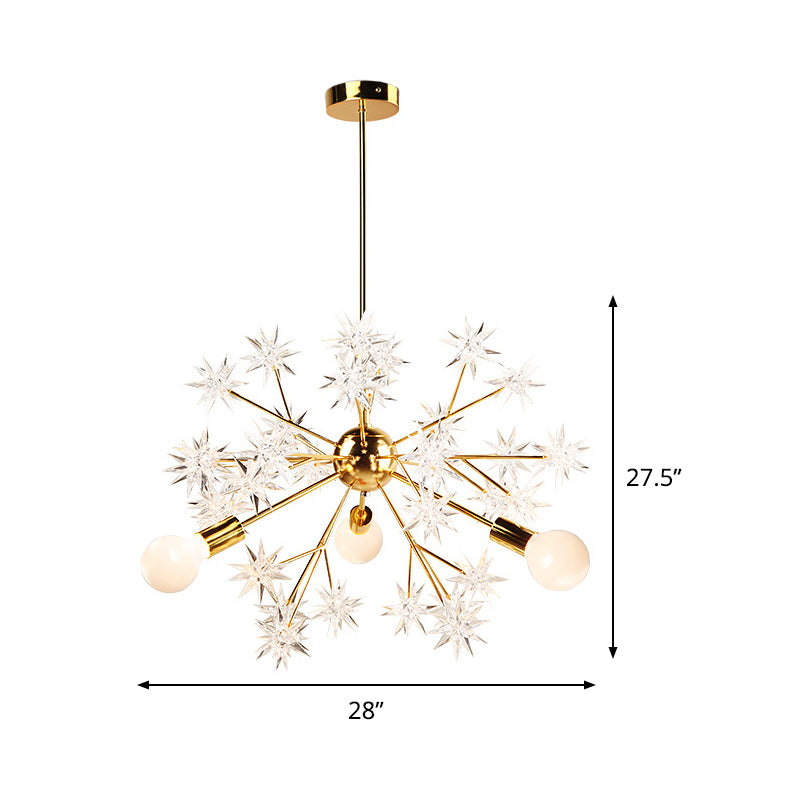 Bulbe exposé chambre semi-luxueuse acrylique 3 têtes modernisme plafond Mount Chandelier en or avec décoration étoile