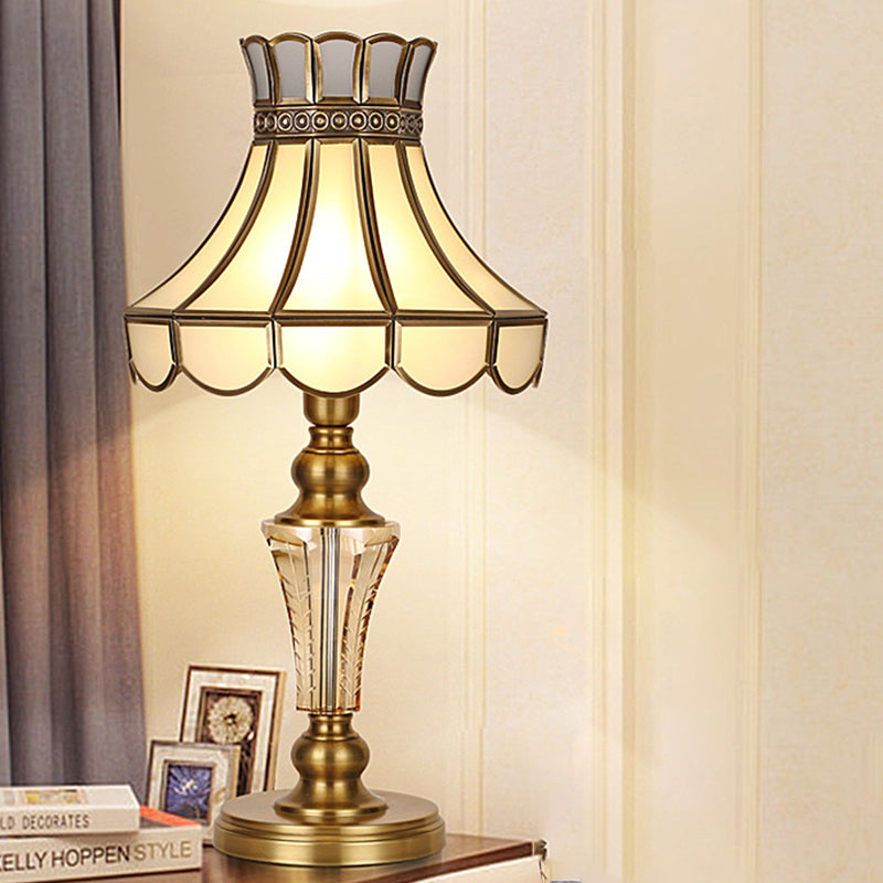 1 Bulb Scalloped Night Table Lamp Traditional Gold Finish Beige Glass Nightstand Lighting with Crystal Accent