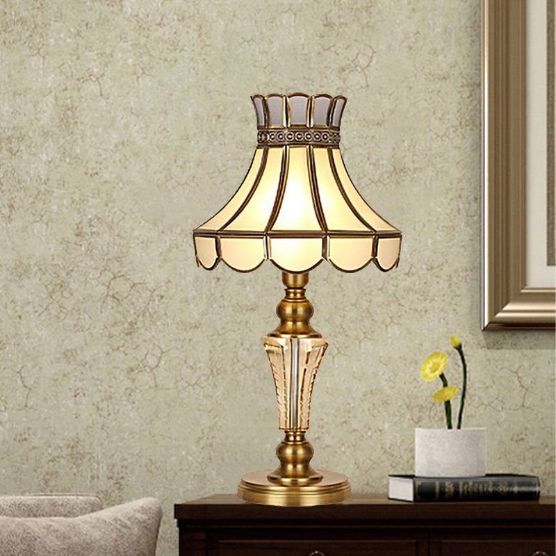 1 Bulb Scalloped Night Table Lamp Traditional Gold Finish Beige Glass Nightstand Lighting with Crystal Accent