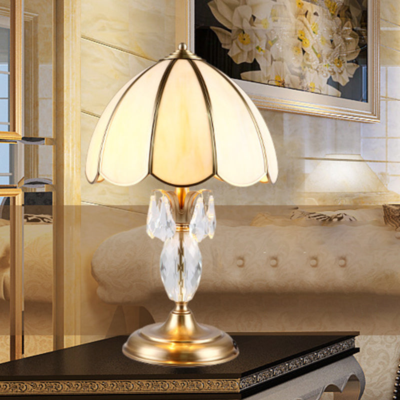 1 Light Beige Glass Table Lighting Classic Gold Dome Bedroom Night Lamp with Clear Crystal Accent