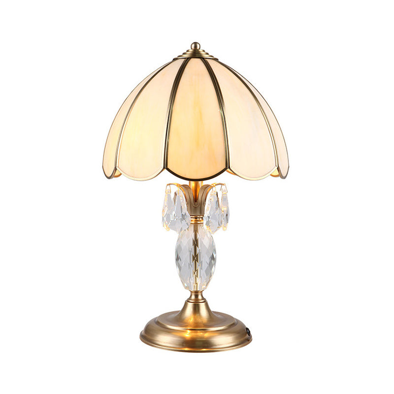 1 Light Beige Glass Table Lighting Classic Gold Dome Bedroom Night Lamp with Clear Crystal Accent