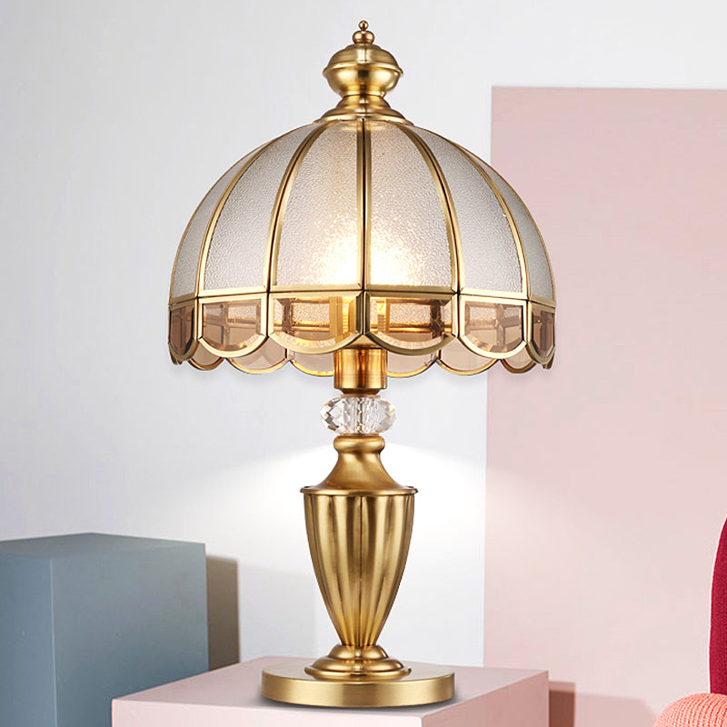 1 Head Frosted Glass Night Light Colonialism Gold Dome Shade Bedroom Metal Table Lamp with Clear Crystal Accent