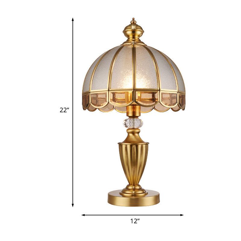 1 Head Frosted Glass Night Light Colonialism Gold Dome Shade Bedroom Metal Table Lamp with Clear Crystal Accent