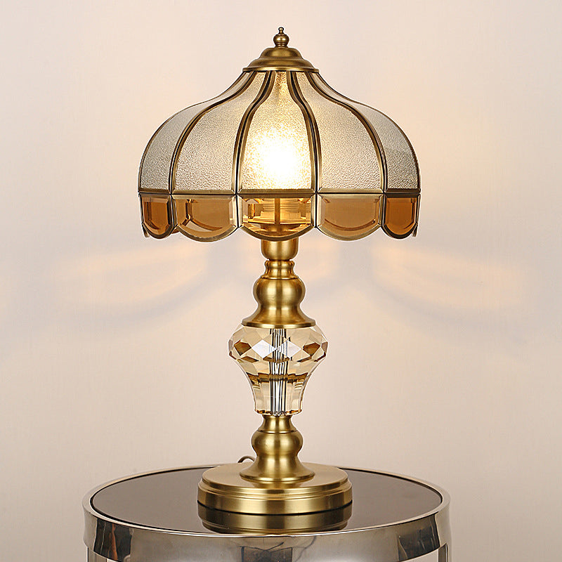 1 Bulb Night Lighting Colonial Scalloped Opal Glass Nightstand Lamp in Gold with Clear Crystal Drop