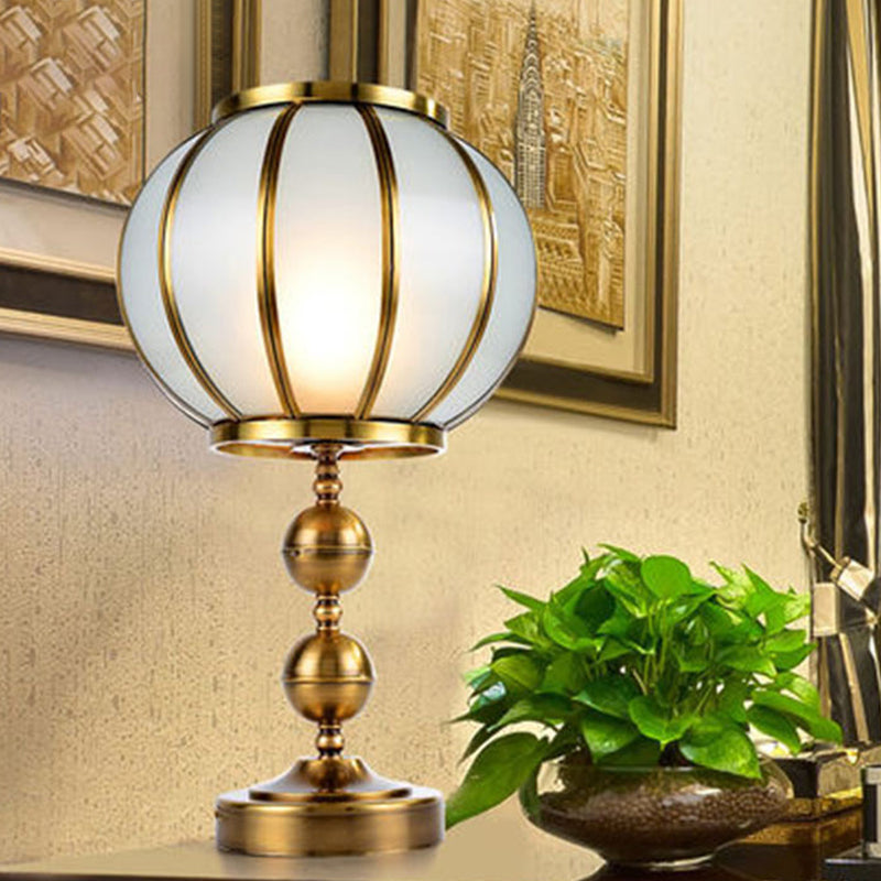 Lantern Bedroom Night Table Lamp Colonial Style Opal Glass 1-Light Gold Finish Nightstand Light with Metal Ball Deco