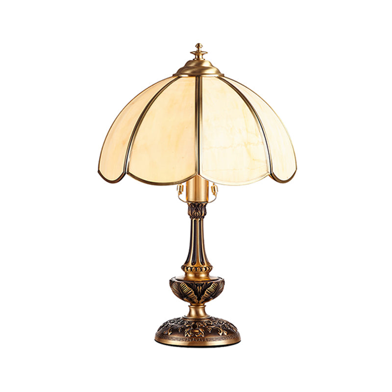 Golden Scalloped Nightstand Lamp Rustic Cream Glass 1 Light Bedroom Table Light with Base