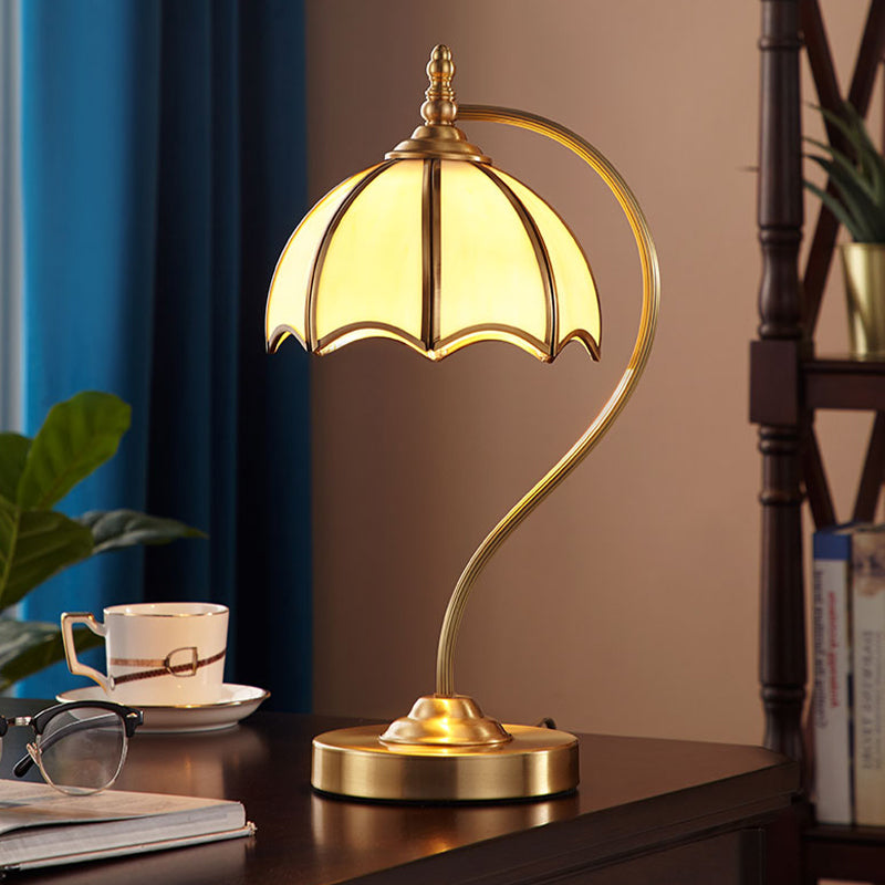 Opal Glass Gold Table Lamp Scalloped 1 Light Colonial Style Night Lighting with Curved Arm