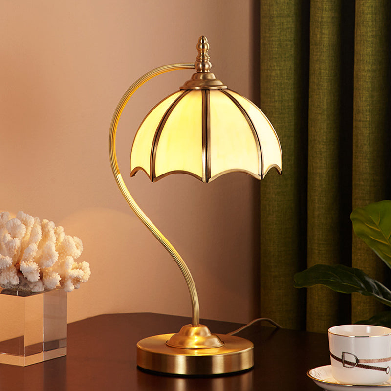 Opal Glass Gold Table Lamp Scalloped 1 Light Colonial Style Night Lighting with Curved Arm