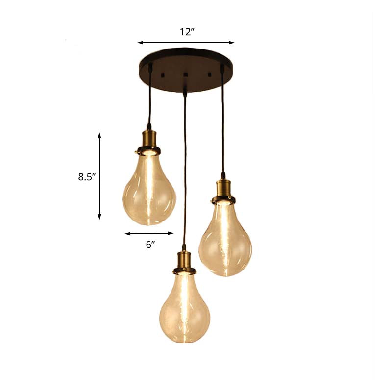 3 Lights Bare Bulb Multi Ceiling Light Industrial Brass Clear Glass Pendant Lighting, Round Canopy