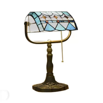 Azul/naranja 1 Lámpara de mesa de luz Tiffany Lámpara de mesa de banqueros de vidrio de acero inoxidable elegante con cadena de extracción