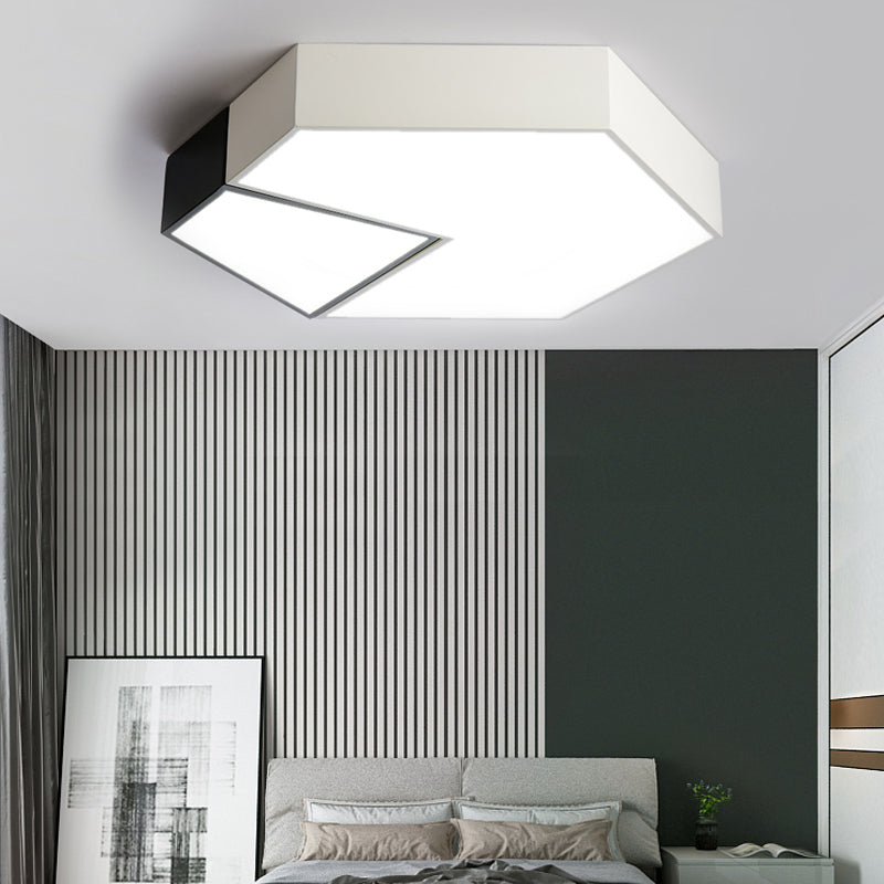 Black and White Hexagon Ceiling Light for Living Room Modernism Acrylic Shade Mount Fixture in White Light, 11"/15"/19" Dia