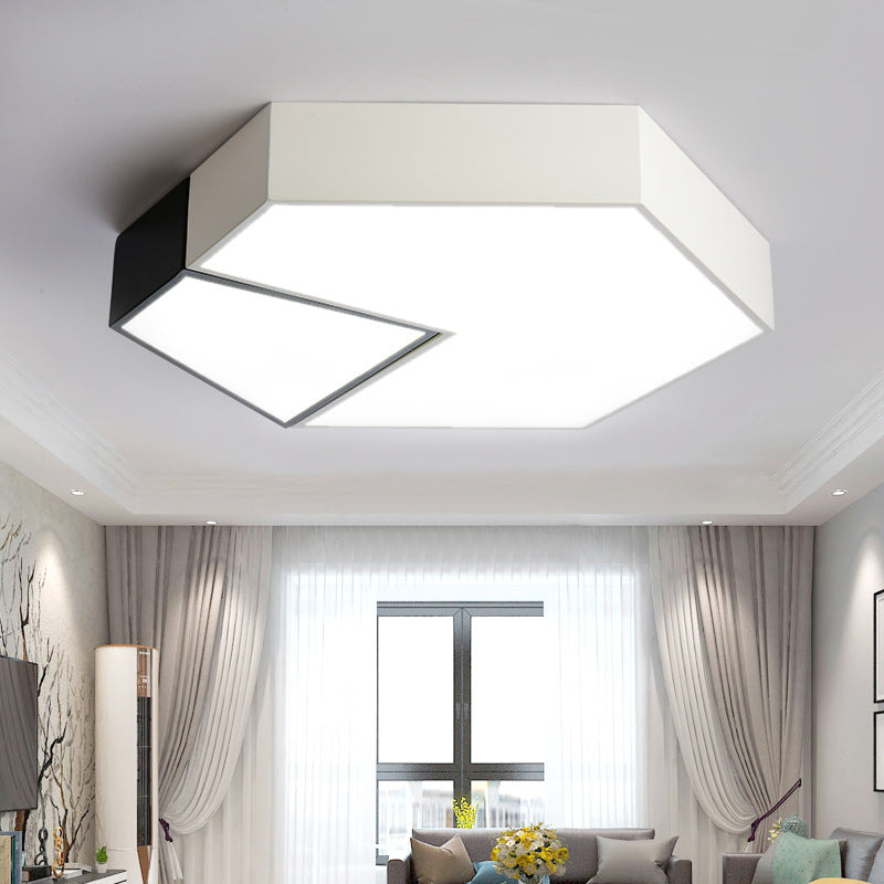 Black and White Hexagon Ceiling Light for Living Room Modernism Acrylic Shade Mount Fixture in White Light, 11"/15"/19" Dia