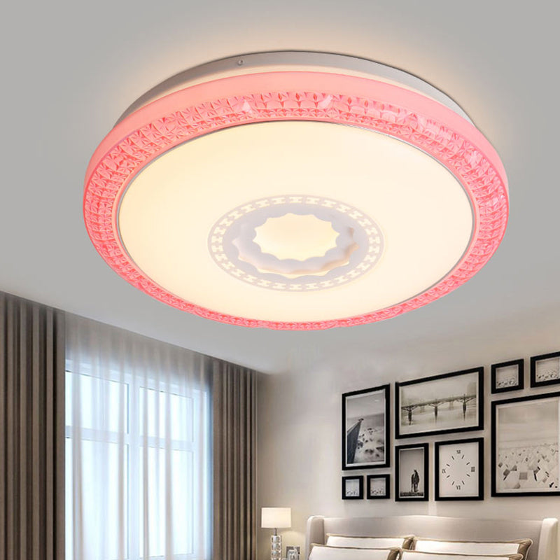 Modern Drum Flush Mount Lamp with Acrylic Diffuser White/Pink/Blue Integrated LED Bedroom Ceiling Fixture in Warm/White, 16"/19.5" Dia