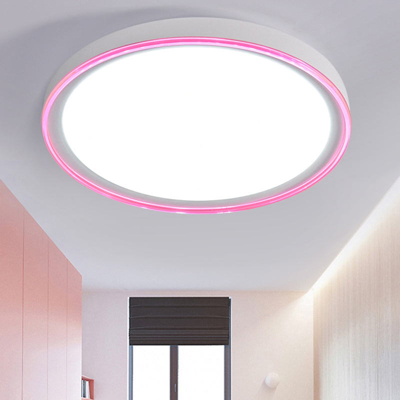 Wit/Roze/Geel Metalen Ronde Flush Licht Acryl Shade Nordic 16"/19.5" Dia LED Plafond Fixture voor Slaapkamer in Warm/Wit