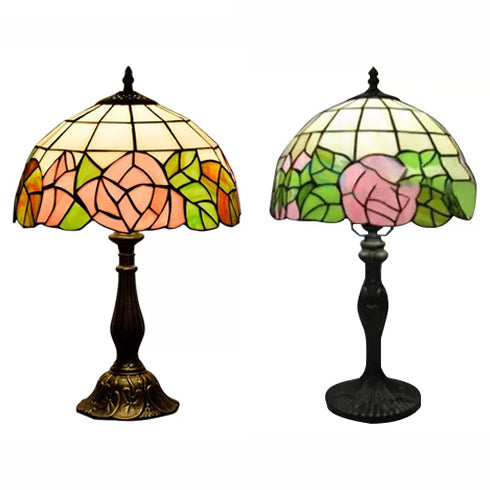 12"/16" Inch Pink Rose Tiffany Table Light Stained Glass 1 Light Standing Table Light in Bronze/Black