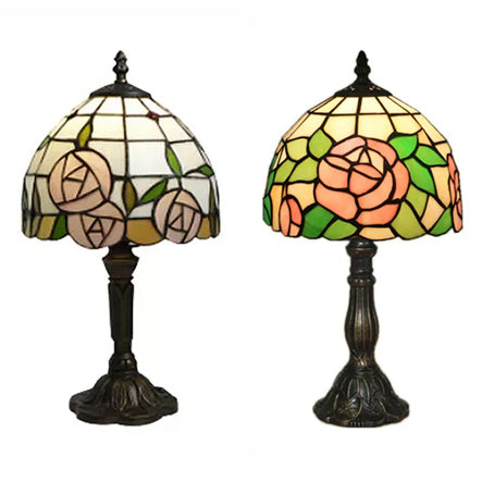 Tiffany Rose Table Light Bedroom 1 Light Stained Glass Decorative Standing Light in Pink-White/Pink