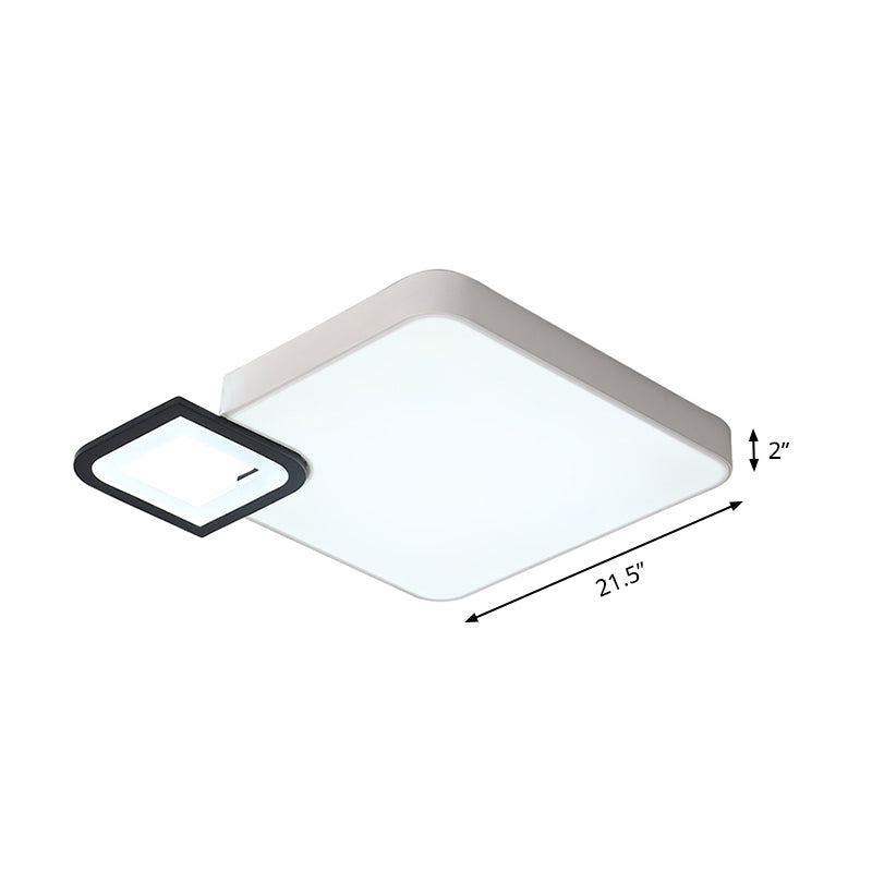 Square Flush Mount Lamp Modern Metal White/White and Black LED Ceiling Light Fixture for Living Room in Warm/White, 18"/21.5" Wide