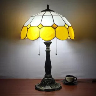 Traditional Dome Table Light with Grid Design Stained Glass 2 Lights Table Lighting in Blue/Yellow