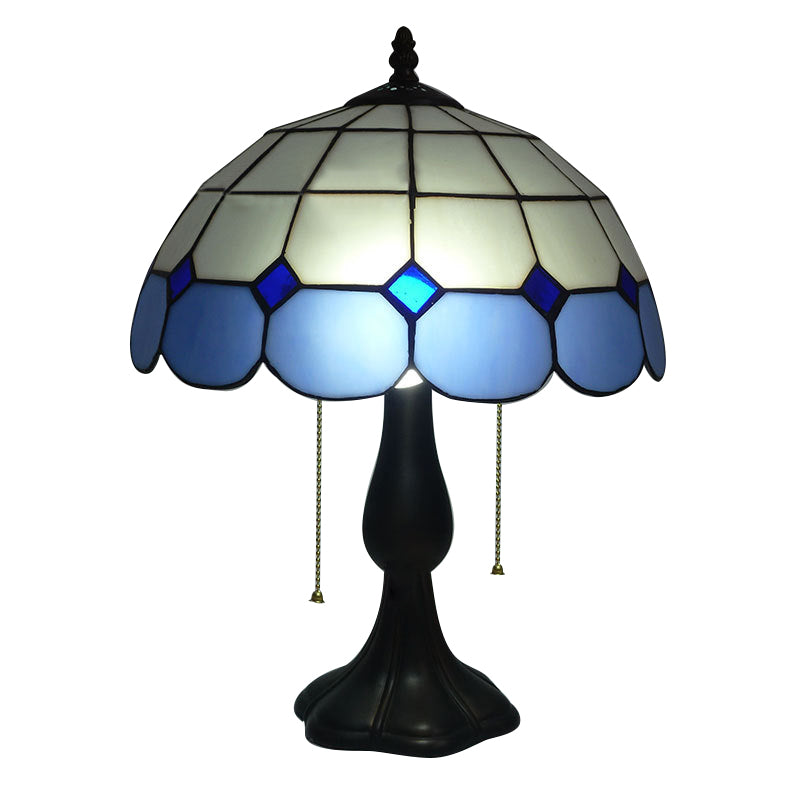 Traditional Dome Table Light with Grid Design Stained Glass 2 Lights Table Lighting in Blue/Yellow