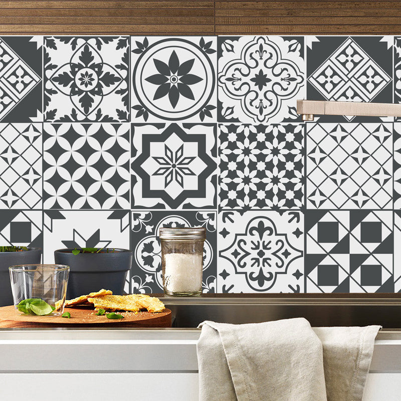 Bohemia Flower Tile Wallpaper Panel Black-White Self Adhesive Wall Art for Kitchen