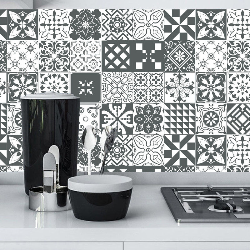 Bohemia Flower Tile Wallpaper Panel Black-White Self Adhesive Wall Art for Kitchen