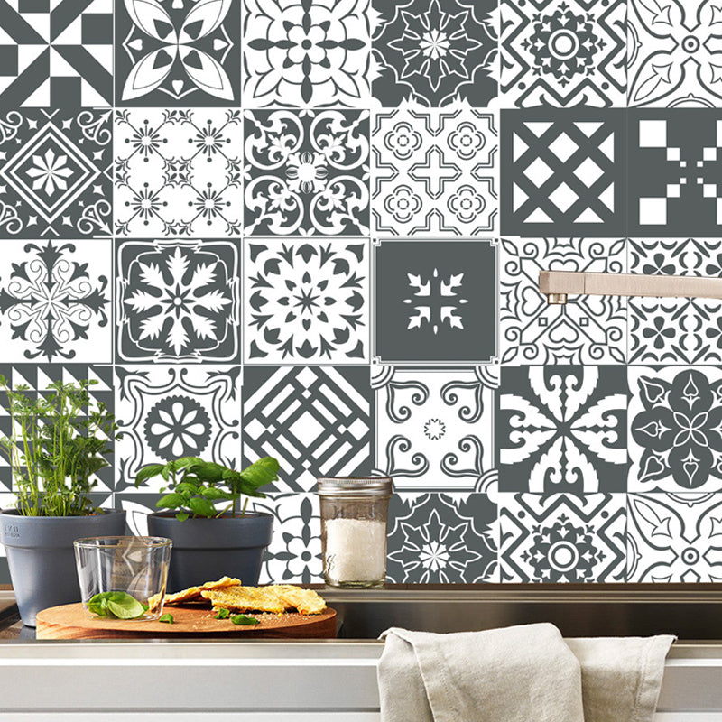 Bohemia Flower Tile Wallpaper Panel Black-White Self Adhesive Wall Art for Kitchen