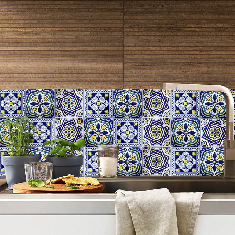 Boho Moroccan Tiles Wallpaper Panel Red-Yellow-Blue Pick Up Sticks Wall Decor for Kitchen